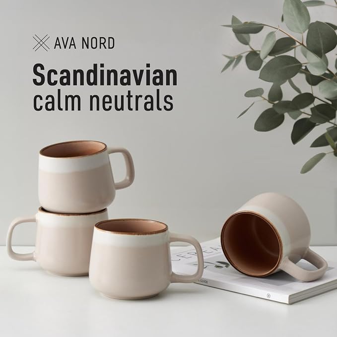 Ava Nord Stoneware Ceramic Coffee Mugs Set of 4 | 12 oz | Rose Sand | Lead-Free, Non-Toxic, Freezer - Microwave & Dishwasher Safe, Comfortable Handle, Aesthetic Nordic Design for Cappuccino