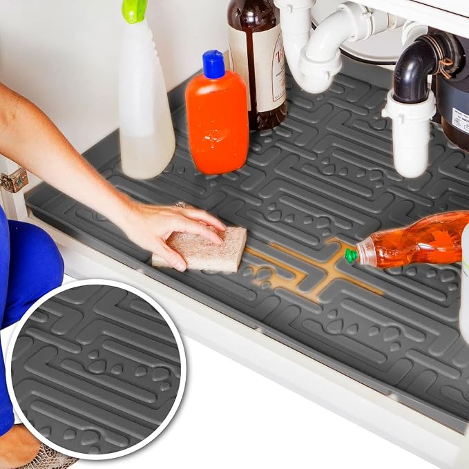 XTREME MATS Waterproof Undersink Mat (Grey 25" 1/4 x 19 1/4) Cabinet Base Liner for Bathroom Vanity Cabinets Catches Leaks Prevents Damage Flexible Driptray