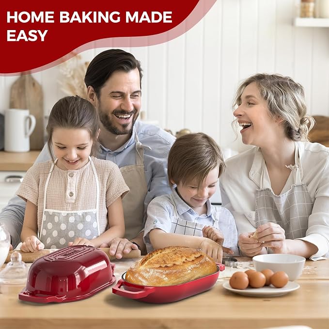 Wildone Enameled Cast Iron Dutch Oven Pot with Lid, Oval Bread Oven | Loaf Cast Iron Bread Pan for Homemade Bread Baking, Meatloaf Pan with Lid, 5.5QT, Red