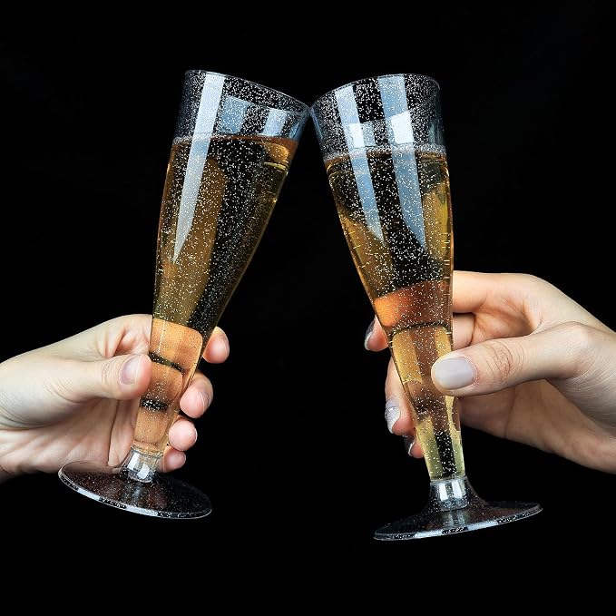 Bestluck 50Pack 4.5oz Silver Glitter Champagne Flutes Plastic | Plastic Disposable Stemware, Disposable Champagne Flutes for Party, Mimosa Bar, Wedding, Anniversary and Graduation