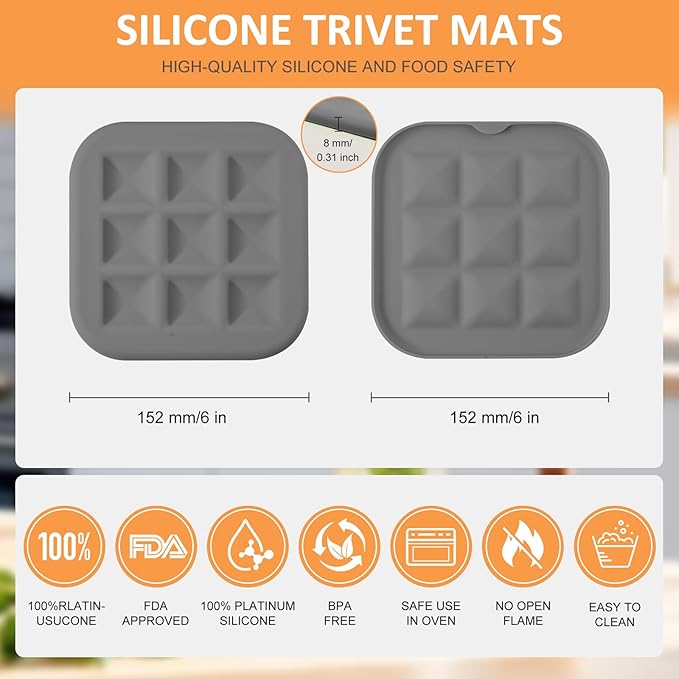 Silicone Trivets for Hot Pots and Pans, Pot Holders Hot Pads 6 Pack Silicone Mats for Kitchen Counter, Soft Durable Drying Mat, Jar Opener and Coasters (Gray)