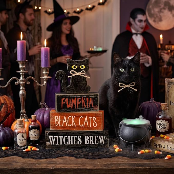 Lineshading 4 Pcs Halloween Black Cat Tiered Tray Decor Wooden Signs | Rustic Farmhouse Tabletop Decoration, Stackable with Halloween Phrases, Seasonal Home Display, Gift-ready Decor Set