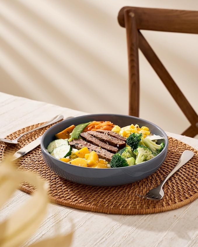 famiware Milkyway 33 oz Pasta Bowls Set of 8, Dark Gray | Scratch-Resistant Stoneware Salad Bowls, Stackable, Dishwasher & Microwave Safe, Lead-Fre