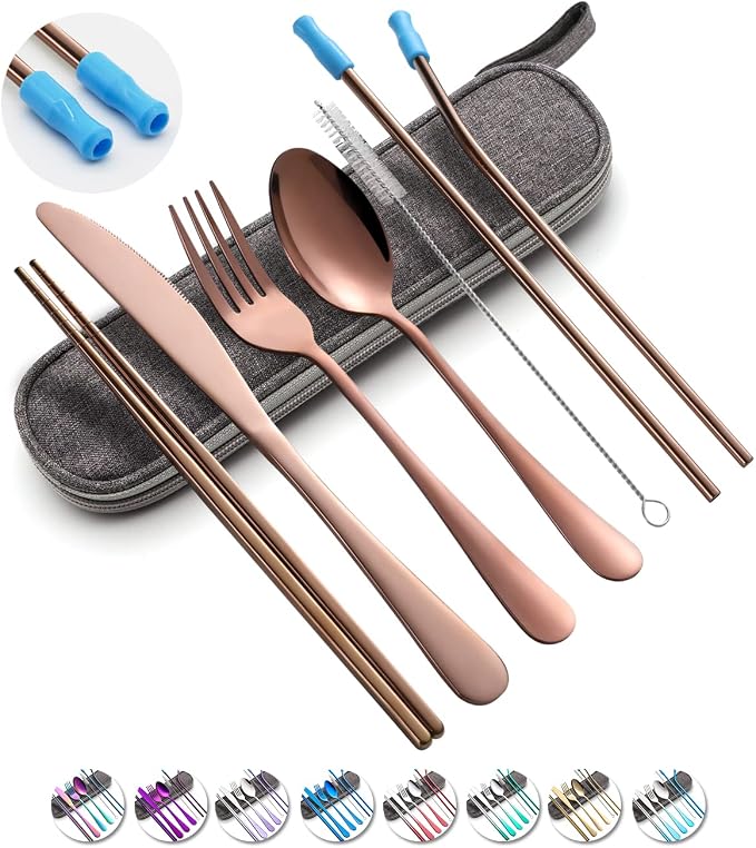 Travel Utensils Set with Case Reusable Portable Cutlery Set Stainless Steel 8pcs Including Dinner Knife Fork Spoon Chopsticks straws(Rose Gold) | Dishwasher Including Dinner Knife Fork Spoon Chopsticks Straws Travel Fork Spoon Knife for Work, School, C...