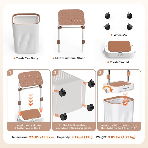 Pukomc Automatic Trash Can, 3.2 Gallon Bathroom Garbage Can | Mobile Rolling Wheels, Height-Adjustable Stand Tilting, Technology Sensor Waterproof Wastebasket for Bedroom Office Bathroom