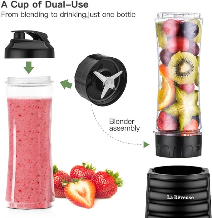 La Reveuse Personal Size Blender for Protein Shakes and Smoothies, Black | 18oz BPA-free Portable Bottle with Spout Lid, Push to Blend, Suitable for Home, Apartment, Office, Dorm, 300 Watts, LARB1801B