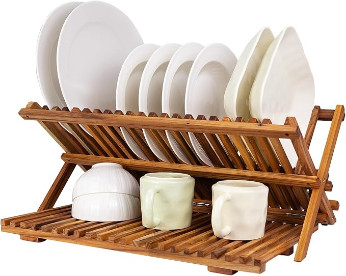 Utoplike Large Teak Dish Drying Rack, Wood Collapsible Organizer for Plates | 3 Tier Kitchen Dish Draine for Countertop, for Pasta Plates, Cups, Pots