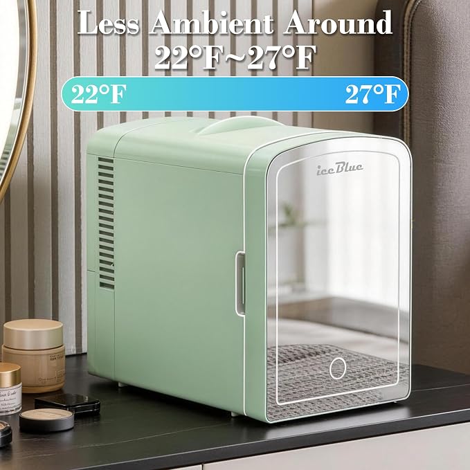 Mini Fridge, 6 Liter /9 Cans Makeup Fridge with Dimmable LED Mirror - Green | Compact Mini Skincare Fridge for Beauty & Beverages, Dual-use Portable Tiny Fridge for Bedroom, Desk, Office, Home, Car, Gift