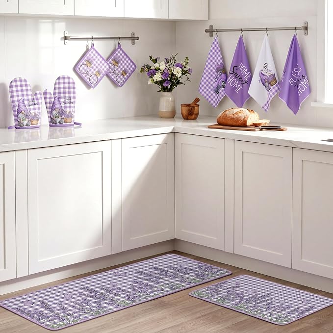 Fourluoo 10 Pcs Lavender Kitchen Decor Set Lavender Kitchen Towels and Rugs Oven Mitts and Pot Holders Set for Cooking Baking Grilling Women Mom Gift