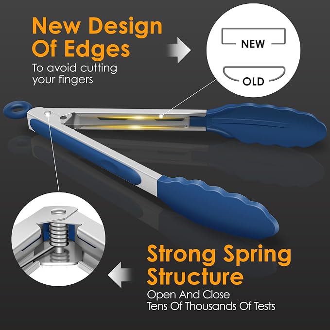 HOTEC Premium Stainless Steel Locking Kitchen Tongs with Silicon Tips, Set of 3-7", 9" and 12" (Classic Blue)
