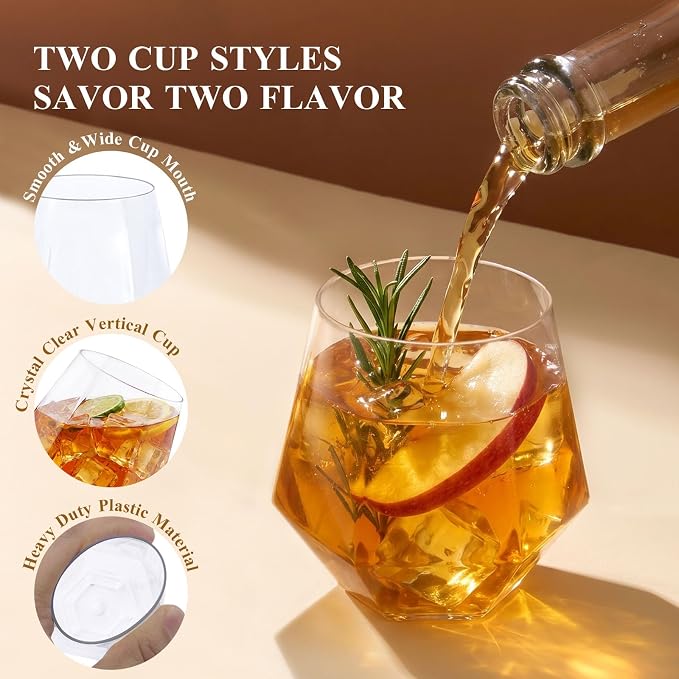 BESTSTAR 48 Pack Clear Plastic Wine Glasses Set BPA-Free Shatterproof | 24 9 OZ Stemless Champagne Flutes & 24 12OZ Diamond Wine Whiskey Glasses, Clear Drinkware for Weddings, Parties & Events