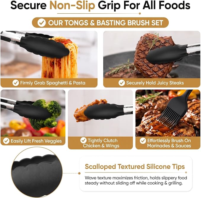 Kitchen Tongs for Cooking, Set of 4 with Oil Brush (7" 9" 12"), Heat Resistant 572°F Stainless Steel, Heavy Duty Metal Locking Tongs with Silicone Tips, Black, BBQ Grilling Dishwasher Safe