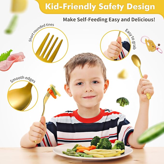 12Pcs Stainless Steel Toddler Utensils Small Metal Kids Silverware | Food-grade, Ideal Transitional Baby Forks and Spoons, Cute pattern, Designed for Children, Dishwasher Safe, Mirror Polished