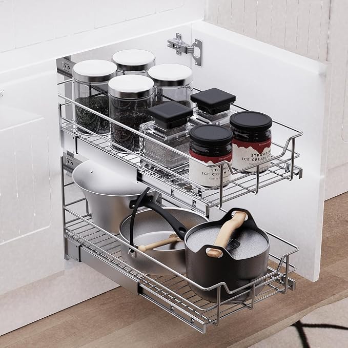 2 Tier Pull Out Cabinet Organizer 11" W X 17" D, Chromed, Full Slide Out | For Kitchen Organizers and Storage, Pull Out Drawers For Cabinets Capacity Heavy Duty Caddy, Cabinet Shelves, Bathroom Pantry