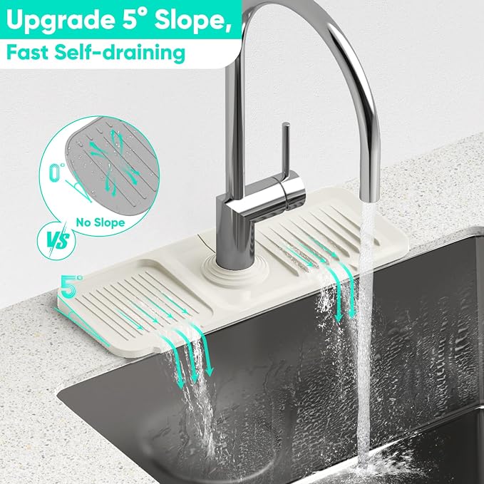 14.6 inch Faucet Mat for Kitchen Sink [5°Slope Fast Self-draining] Faucet Mat Kitchen Sink Splash Guard Silicone Sink Splash Guard Kitchen Sink Area Tidy Splash Faucet Guard Draining Mat-Beige