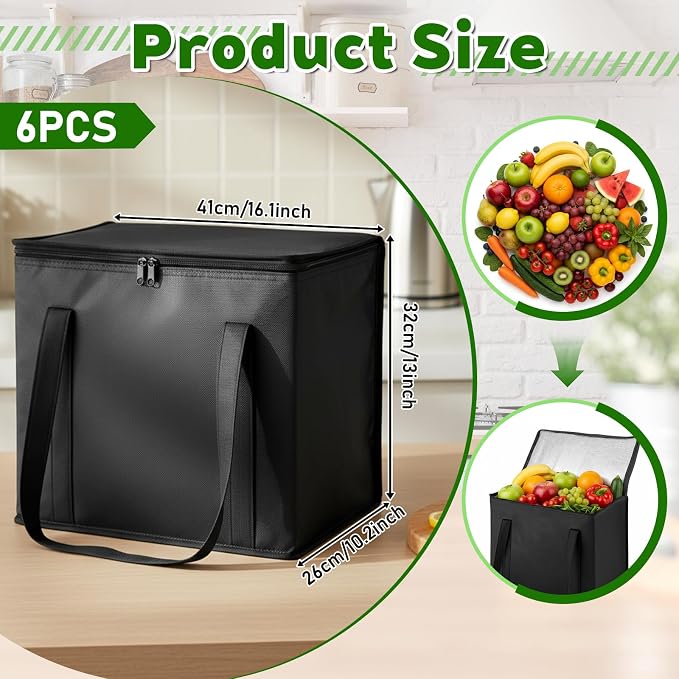 SHENLIU Set of 6 Large Insulated Reusable Grocery Bags, Foldable Washable | Heavy Duty Cooler Totes with Sturdy Zipper and Handles Insulated Food Delivery Bag for Hot and cold Food 16.1" x 13" x 10.2"