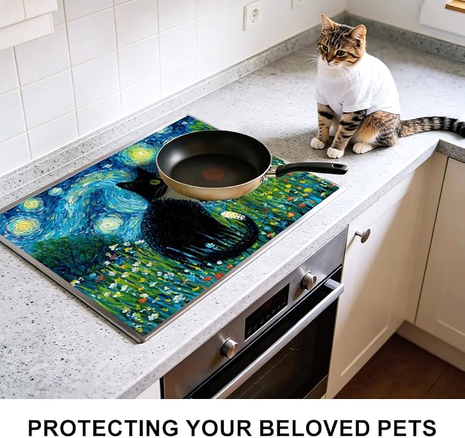 Black Cat Night Sky Stove Top Cover 28.35x20.47 in Non Slip | Heat Resistant Cooktop Protector Mat with Non-Slip Backing, Scratch Protection and Countertop Drying Mat.
