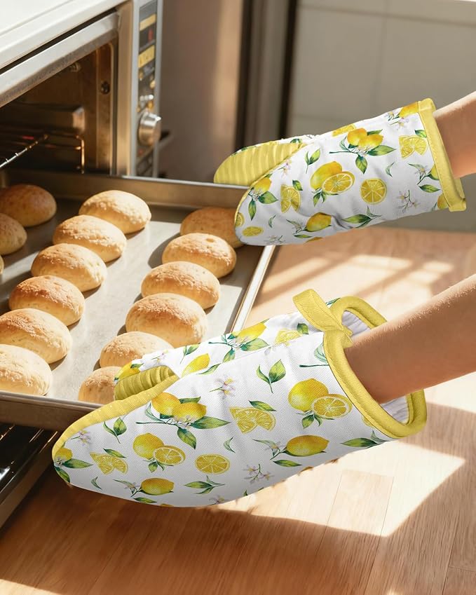 Slohif Lemon Mini Oven Mitts Set – Yellow Extended Short Heat Resistant Kitchen Gloves for Women, 100% Cotton Oven Mitts with Silicone Grips, Non-Slip and Thick Durable for Cooking & Baking