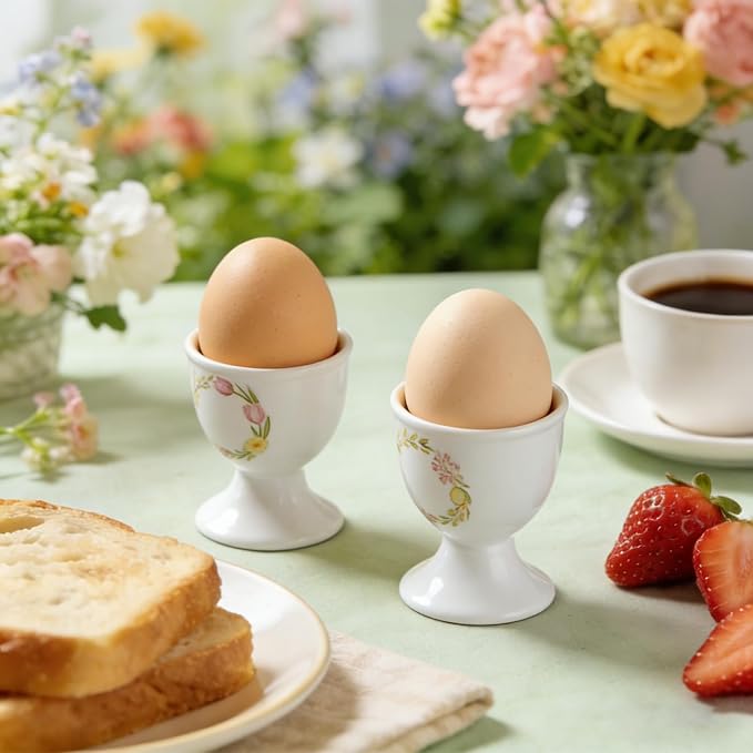 Cinf Ceramic Egg Cup Set, 2 Pack, Floral Boiled Egg Holders for Breakfast | Set of 2 ceramic egg cups, elegant floral design, stable base, easy to clean, ideal for boiled eggs and breakfast serving