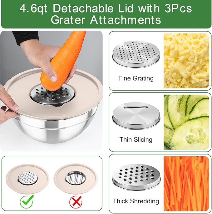 TeamFar Mixing Bowls with Lids, 5PCS Stainless Steel Metal Salad Bowl | with lids & 3 Grater Attachments, for Cooking/Prepping/Serving, Airtight Lids & Easy Clean - 0.7/1/1.5/2.6/4.6QT, Khaki