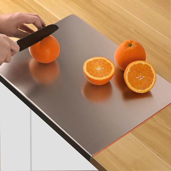 HUAKENER Large Stainless Steel Cutting Board for Kitchen, with Silicone Mat | Cutting Board with Counter Lip, Cutting Board with Silicone Mat for Meat, Fruits, Vegetables, Bread (15.7 x 11.8 Inch)