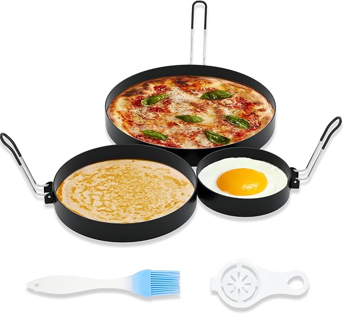 8 Inch Omelette Ring, 6 Inch Pancake Ring and 3.5 Inch Egg Ring | Upgrade 3 Pack Assorted Size Nonstick Stainless Steel Round Cooking Rings Molds with Oil Brush & Egg Separator for Griddle