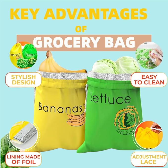 Small Mesh Drawstring Produce Bags 3 Pack | 5 Bonus Films, Washable Reusable, Refrigerator Storage, Eco-Friendly