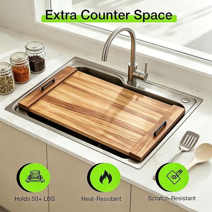 Noodle Board Stove Cover with Handles 30" X 22" For Electric Gas Stove Top | Wood Stove Top Covers, Multifunctional, Pine Wood, Serving Tray with Handles