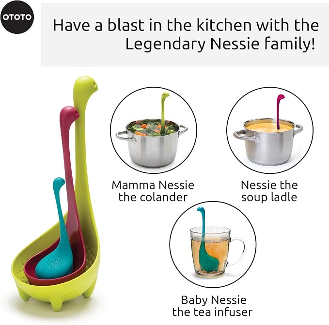 The Nessie Family by OTOTO - Pack of 3 Tea Infuser, Soup Ladle, and Colander - Cute Kitchen Accessories, Cooking Gifts, Funny Kitchen Gadgets, Kitchen Gifts