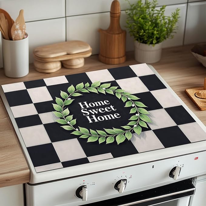 HOMETITUTE Sweet Home Stove Top Cover 28x20 Black White Checker Diatomite Mat