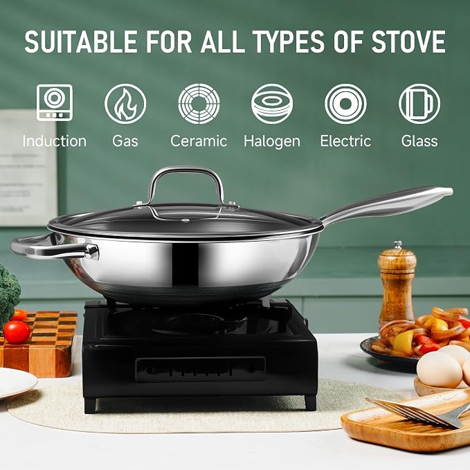 SLOTTET Hybrid 12-Inch Wok with Steamer,Nonstick Stainless Steel Woks & Stir-fry pans with Lid,Stay-Cool Handle,PFOA Free Cookware,Dishwasher and Oven Safe, Works on Induction