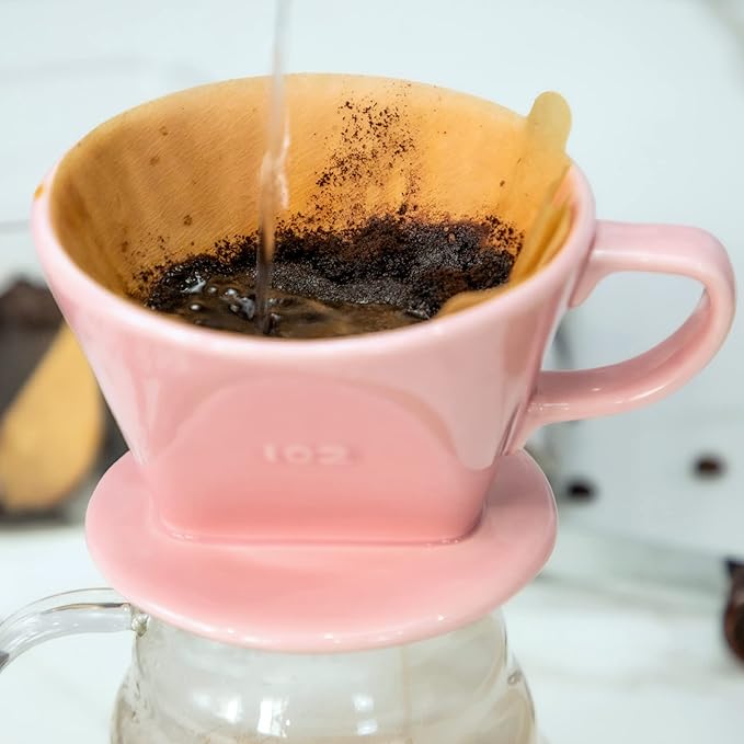 Pour Over Ceramic, Coffee Dripper Ceramic Coffee Maker,Pink | 3 Holes Flat Bottom, Porcelain Slow Filter Cone for Travel, Camping, Office, Home, Coffee Maker Brew