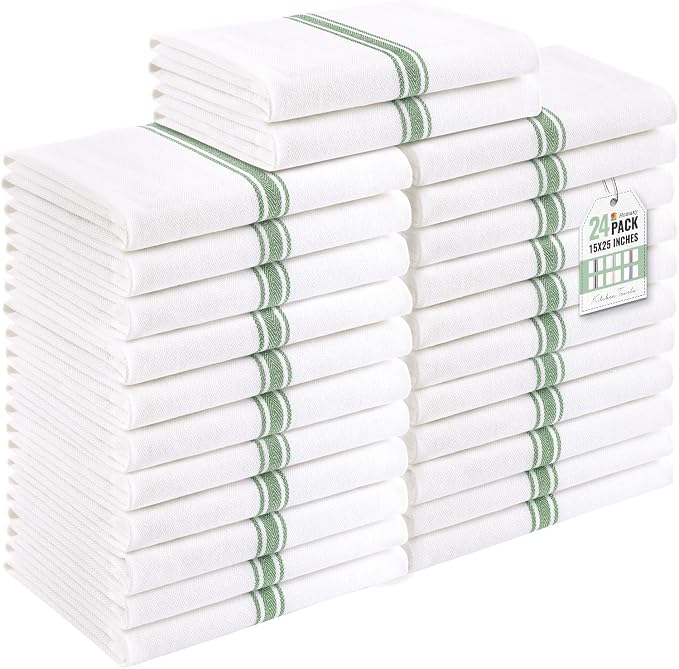 Homaxy 100% Ring Spun Cotton Kitchen Towels 24 Pack, Grass Green Stripe | 15 x 25 Inch, Highly Absorbent Dish Towels for Kitchen Drying, Reusable Cleaning Cloths, Soft Tea Towels with Hanging Loop