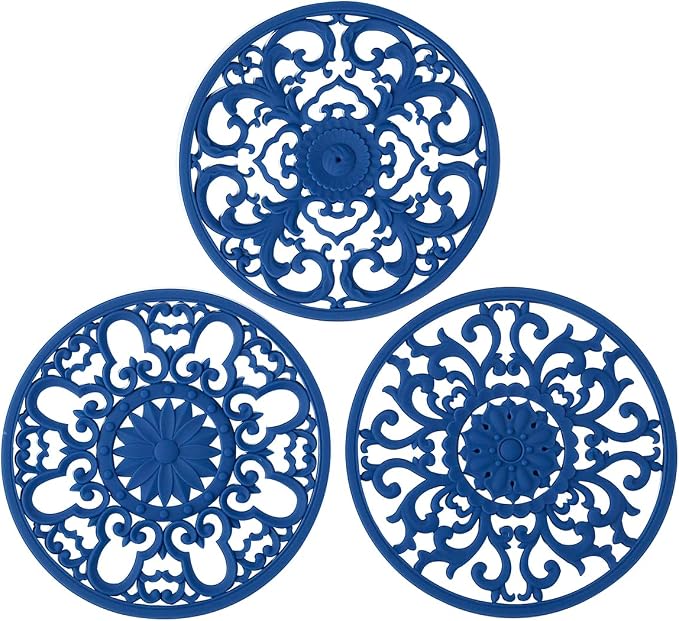 Extra Thick Silicone Trivet Mat for Hot Dishes, Hot Pots and Pans, Pot Holder, Hot Pad to Protect Your Table and Countertop, Kitchen Decor and Accessories,Navy Blue, Set of 3