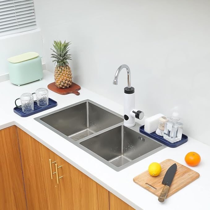 MicoYang Silicone Kitchen Sink Organizer Tray for Multiple Usage,Eco-Friendly Sponges Holder for Kitchen Bathroom Counter or Sink,Dish Soap Dispenser,Scrubber,Bottle,Cup (Navy Blue, 10"×5.3")