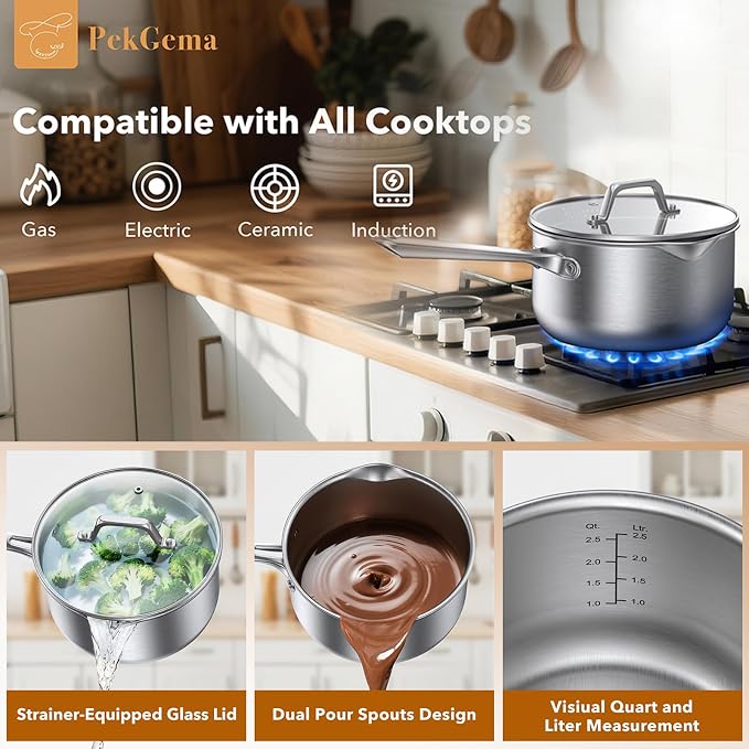 PekGema 3QT Saucepan w/Glass Strainer Lid, Tri-Ply Stainless Steel | Tri-Ply Stainless Steel;Dual Spouts&Strainer Holes;Measurement Marks;Dishwasher Safe;Oven Safe 500°F;All Stovetops