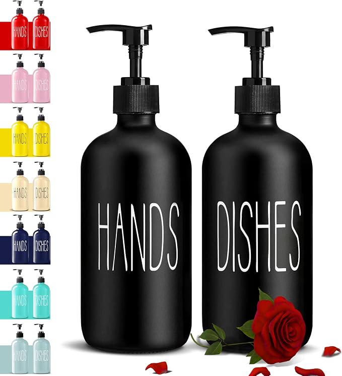 COHOSEGE Glass Soap Dispenser Set 2 Pack,Contains Hand and Dish Soap Dispenser.Premium 16 Oz Black Kitchen Soap Dispenser Set for Kitchen Sink and Farmhouse Decor