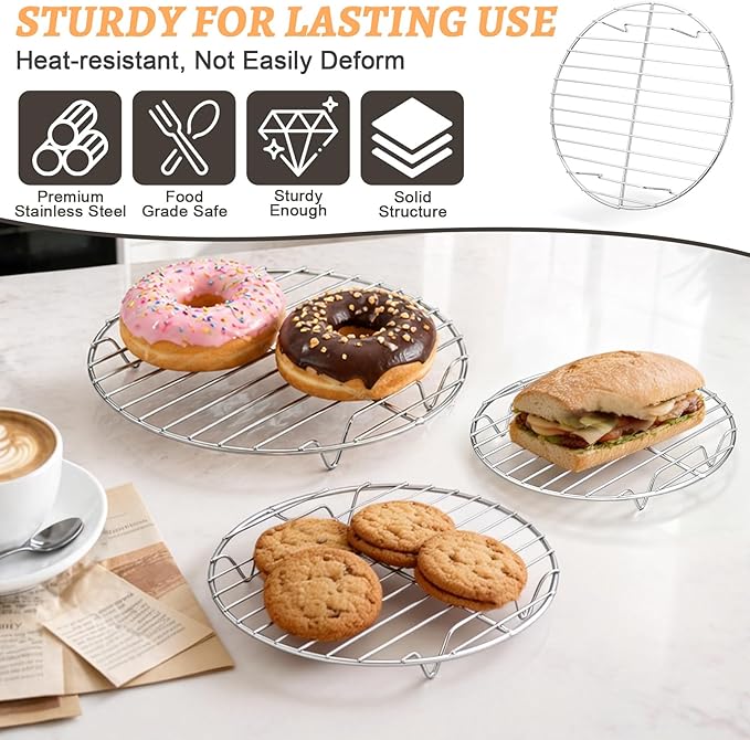 P&P CHEF Round Cooking Rack, Cooling Rack for Steamer, 7.5+9+10.5”, Silver | 3 Pack Stainless Steel Baking Rack for Grilling Roasting, Fits Air Fryer, Canning Pot, Oven & Dishwasher Safe, Non-toxic