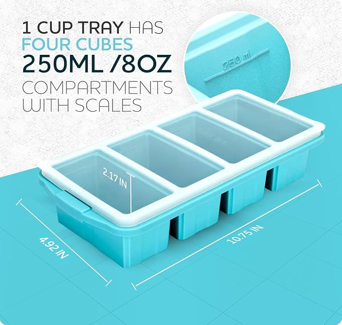 Silicone Freezer Tray With Lid - Soup Freezer Container molds - Large Ice Cube Tray- makes 8 perfect 1 cup portions cubes, 2-Pack Freezer Storage Food Soups & Meal Prep - Oven & Dishwasher -Safe