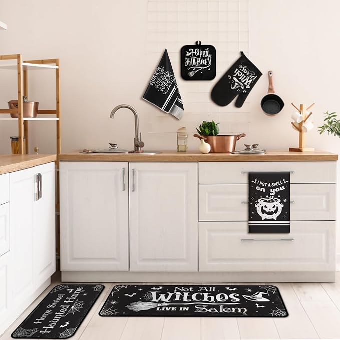 Fanfanwin 10 Pcs Halloween Kitchen Decor Accessories Set Witch Style | Halloween 4 Kitchen Towels 2 Pot Holders 2 Oven Mitts 2 Rugs Set, for Baking Cooking BBQ Autumn Home Decor Holiday Gifts