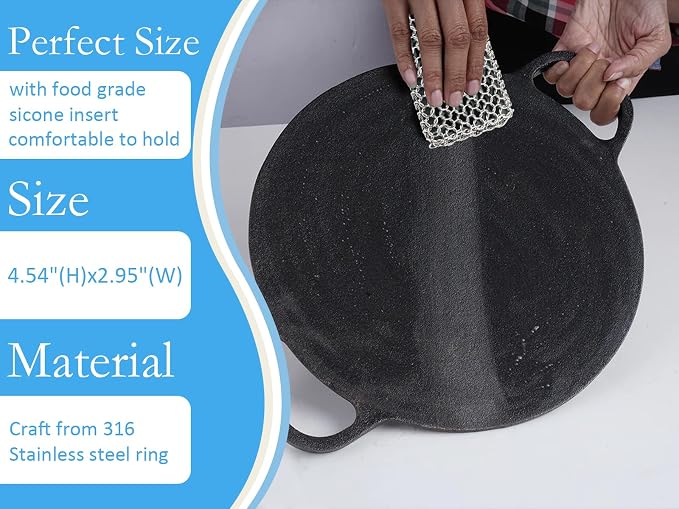 Herda 316L Cast Iron Scrubber Cleaner, Large Chainmail Cast Iron Cleaner | Honeycomb Silicone Insert,Flexible,Stainless Steel Chain Mail Metal Sponge Scrub Skillets,Oven,Flat Top,Grill Pan Pot Brush