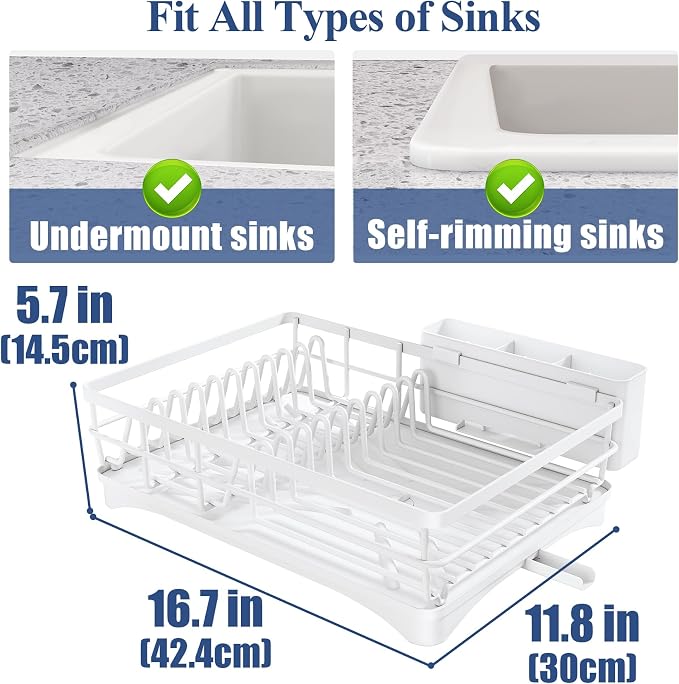 SNTD Dish Drying Rack for Kitchen Counter, 11.8" W x 16.7" L, White | Rustproof Stainless Steel, Large Capacity, Self-Draining Drainboard, Rotating Spout, Removable Utensil Holder
