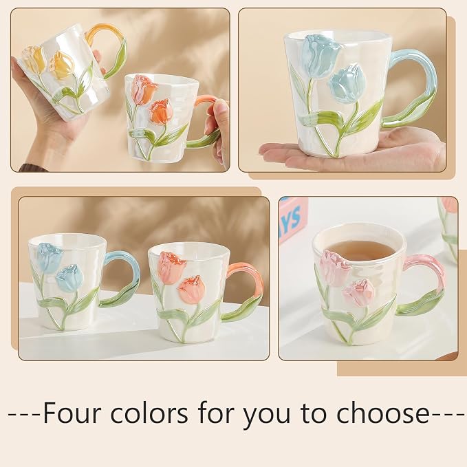 Tulip Flower Ceramic Mug 11.8Oz, Handmade Cute Coffee Tea Cup for Women, Unique Gift for Flower Lovers Mom Friend, Christmas Birthday Surprise, Yellow