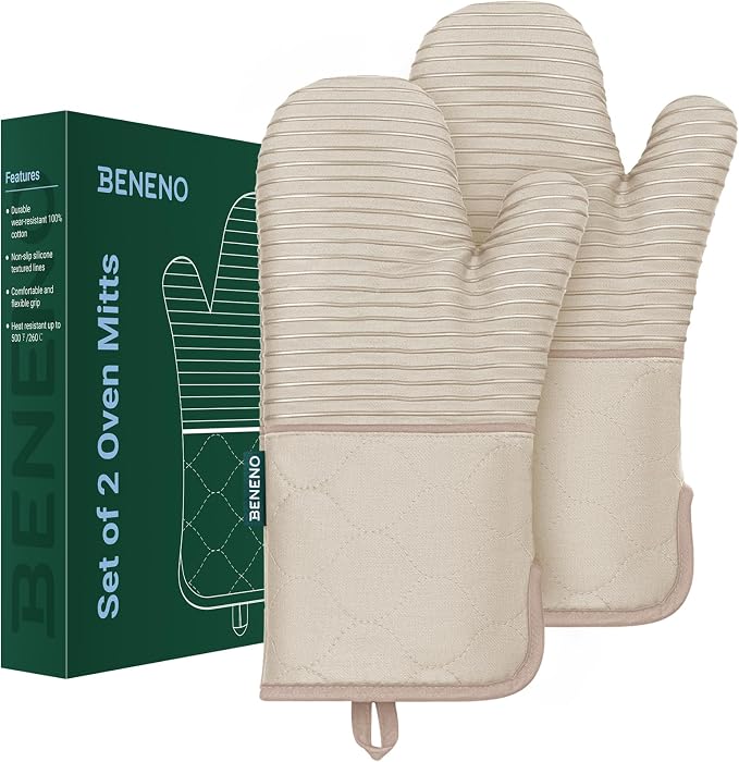 Beneno Heat Resistant 500°F Kitchen Oven Mitts 2-Pack, 7.5"x14.3", Beige | Textured Non-Slip Silicone Grip, Extra Long Forearm Protection, Soft Quilted Cotton Terry Lining, Ideal for Baking & Grilling