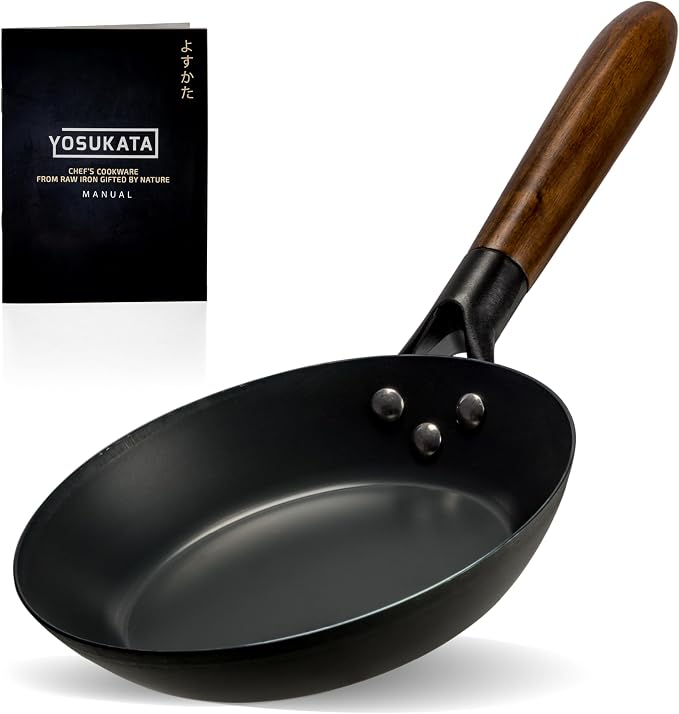 YOSUKATA 7.9" Carbon Steel Frying Pan – Non-Toxic Pre-Seasoned Skillet with Removable Wooden Handle – Coating-Free Wok-Style Pan for Gas, Induction, Electric, Oven & Grill BBQ