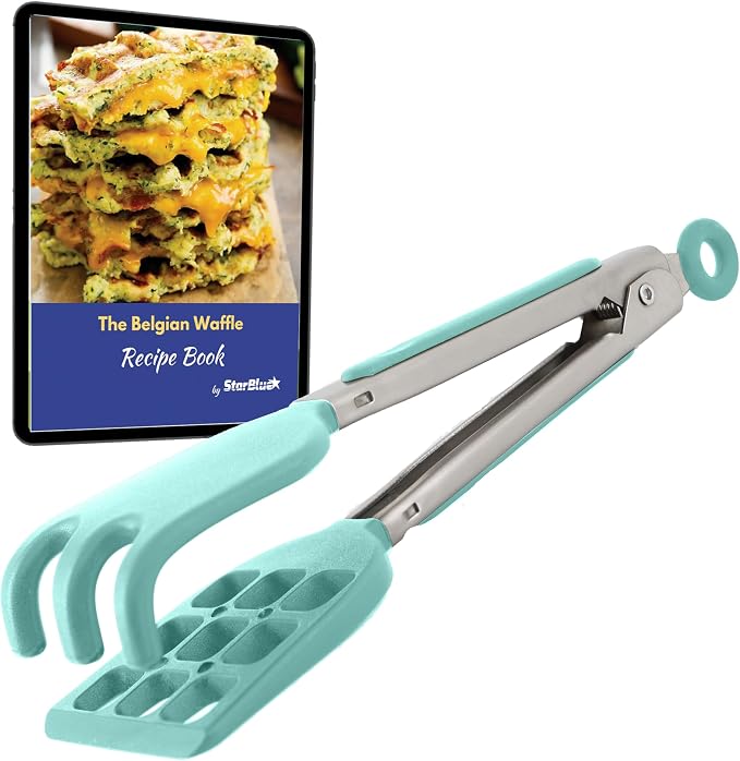 Mini Waffle Tongs by StarBlue Green – 8 Inches Silicone and Nylon Serving Tongs with Non-Slip Smooth Handles, Non-Scratch and Dishwasher Safe, Multipurpose Spatula for Belgian Waffle Serving