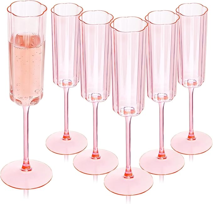 Ciaell 24 Pack Pink Plastic Champagne Flutes for Weddings Birthdays | 6 oz Pink Vintage Flower Wavy Toasting Cups, Heavy Duty Plastic, Champagne Wine Mimosas Cocktails for Parties Bars