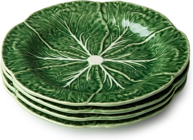 Le Jardin Green Cabbage Plates 3D SALAD/DESSERT PLATES, SET OF FOUR - 9" Sculpted Green Stoneware Leaf Plates – Seasonal Spring & Summer Tableware for Fresh, Nature-Inspired Dining