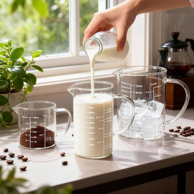 77L 3 Pack Glass Measuring Cup Set (1 1/4, 2 & 4 Cup) [Insulated handle, V-Shaped Spout], High Borosilicate Liquid Glass Measure Cup for Kitchen, Easy To Read, Dishwasher, Freezer, and Microwave Safe