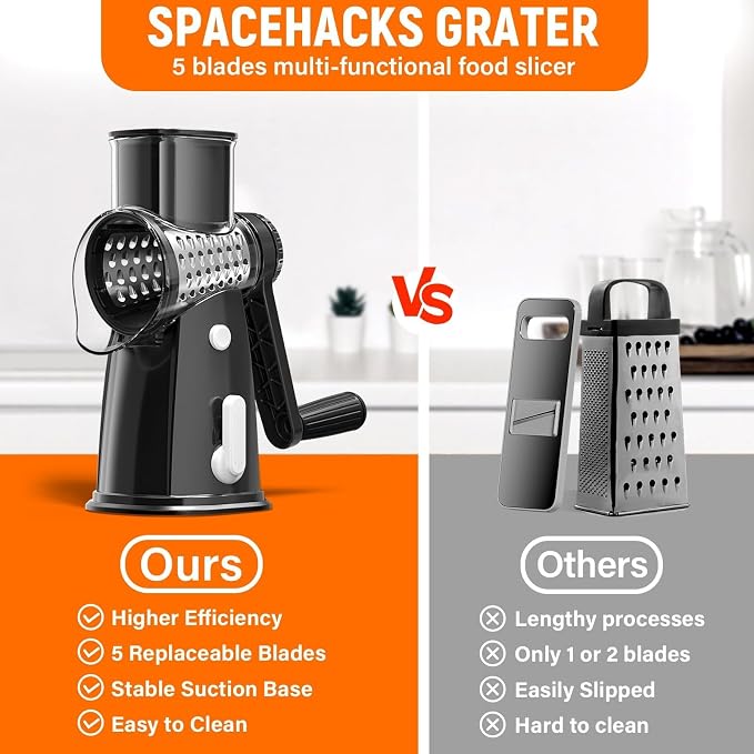 Rotary Cheese Grater Hand Crank, 5-in-1 Vegetable Shredder Chopper Spiralizer Slicer with 5 Interchangeable Blades for Vegetable, Cheese, Fruit, with Blades Storage Box & Stable Suction Base (Black)